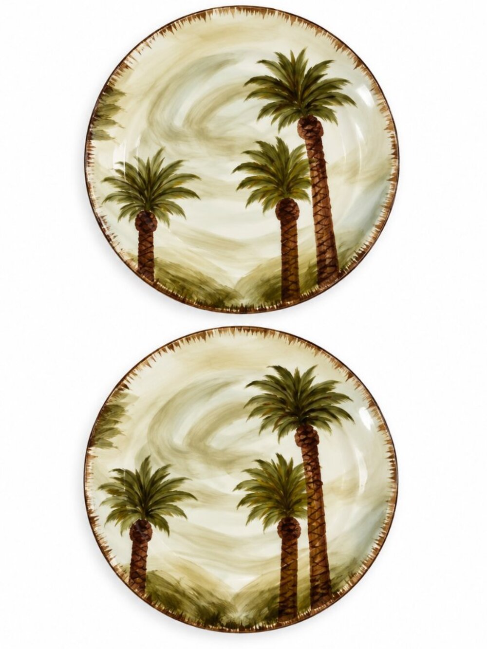 Z Gallerie Fiji Palm Tree Plates 9" Hand Painted Tropical Set of 2